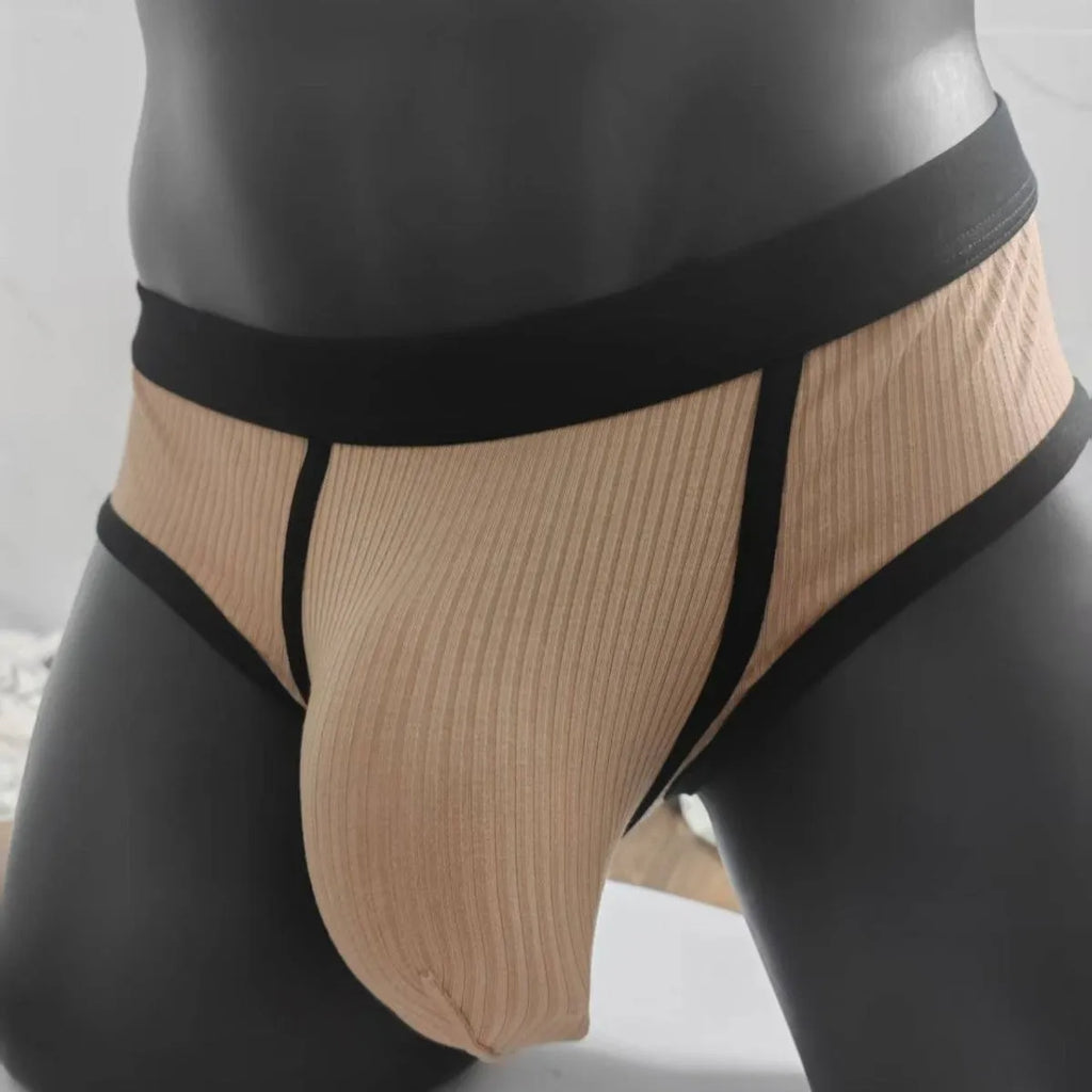 Men's solid colour viscose U-shaped bag briefs on a low waist, shown in multiple colour options.