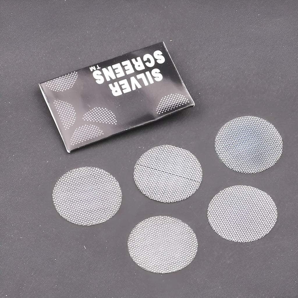Five silver stainless steel hookah filter mesh plates on white background