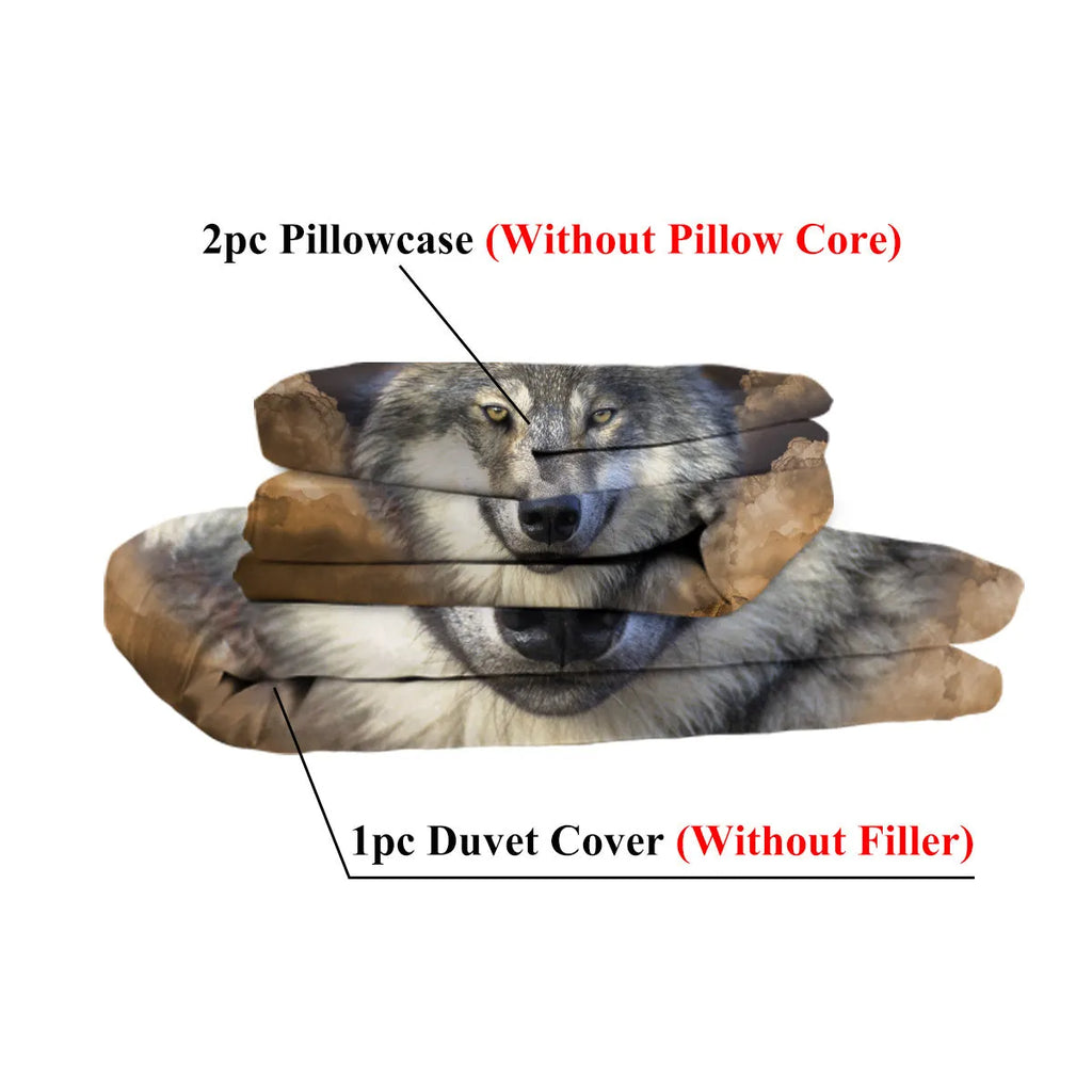 3 piece Wolf Pack duvet set in brown with 3D printed wolf design, microfiber comforter and two pillow shams