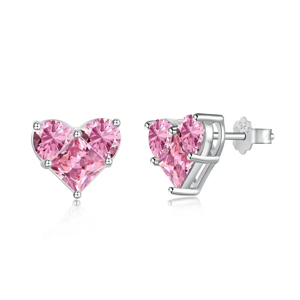 925 silver heart-shaped stud earrings with zircon in platinum pink diamond finish