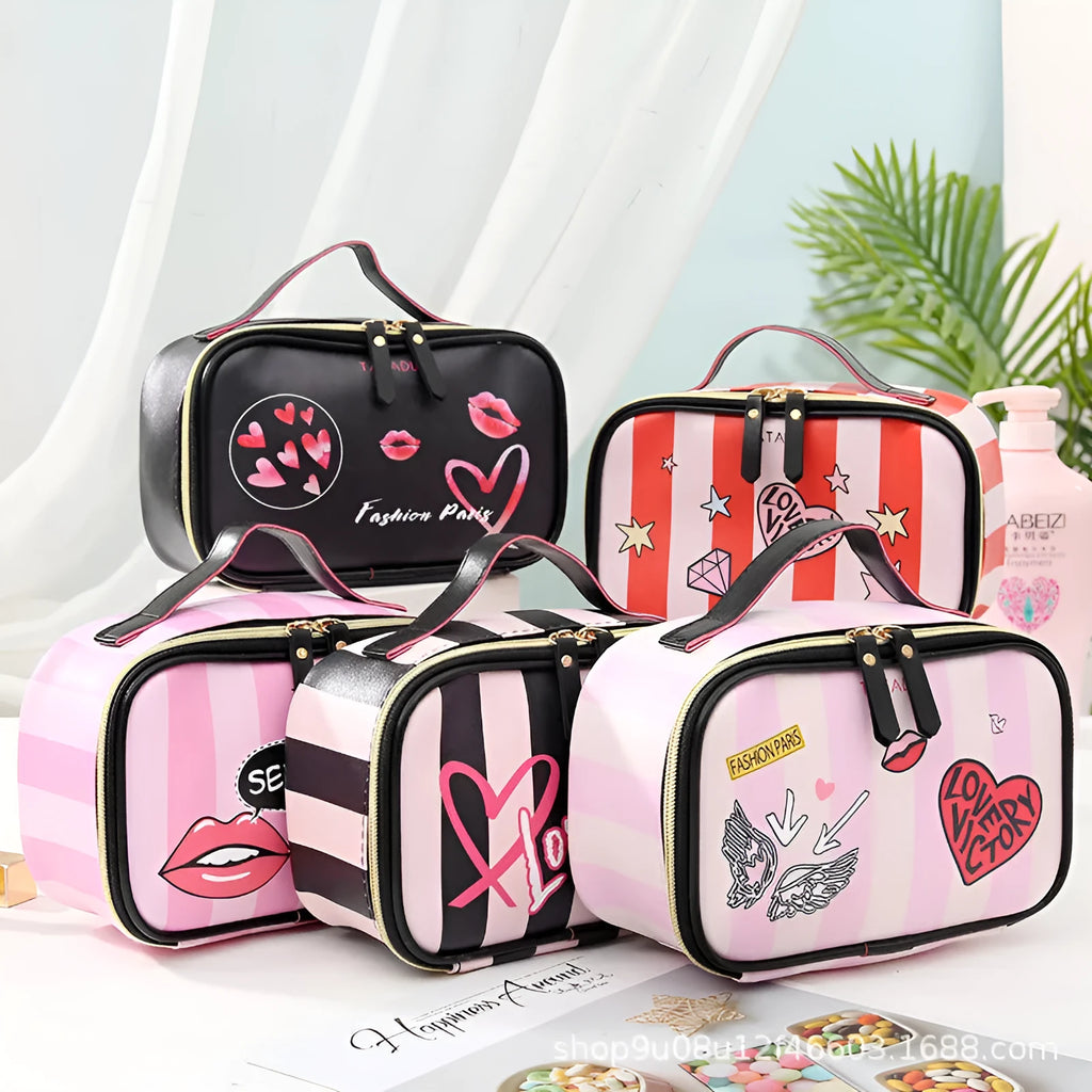 Portable PU leather toiletry bag with zipper closure and printed letter pattern, horizontal square shape for travel storage