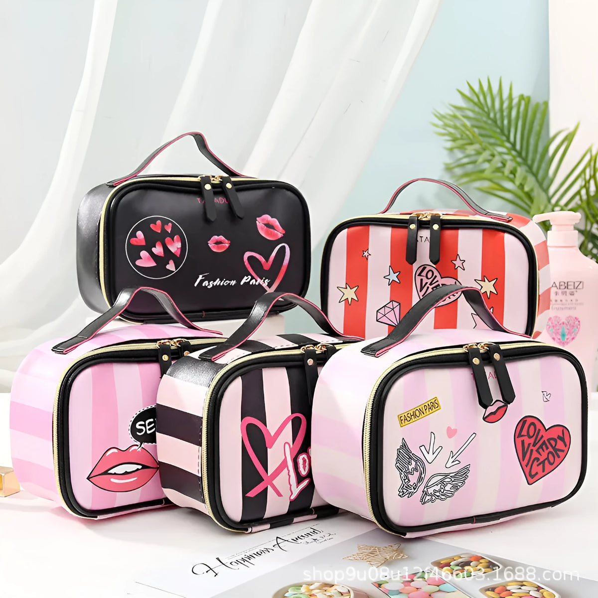 Portable PU leather toiletry bag with zipper closure and printed letter pattern, horizontal square shape for travel storage