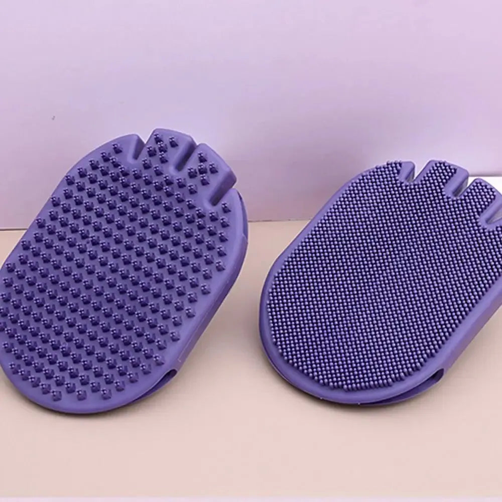 Purple dual-sided pet shampoo brush with soft TPR bristles and ergonomic handle for dog and cat grooming