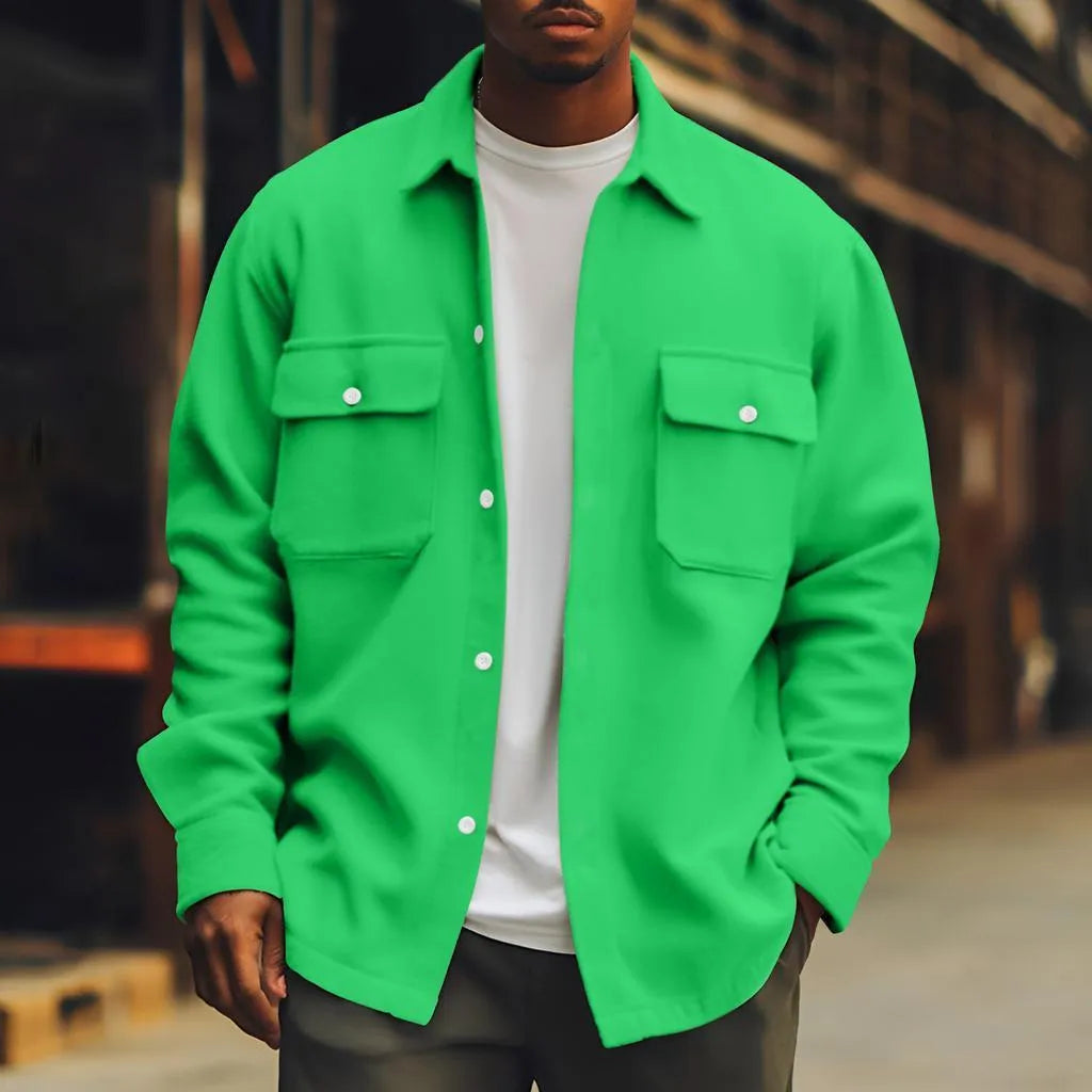 Men's solid colour polyester fibre jacket with digital print, loose fit, long sleeves, and patch pockets