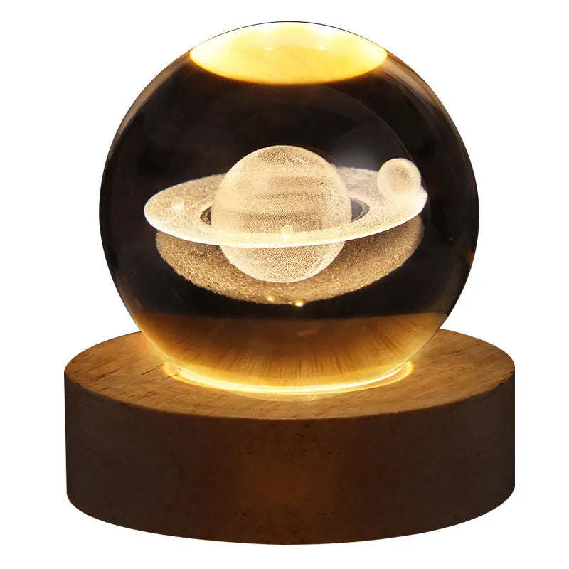 3D crystal ball night light with Milky Way planet design, 6cm glass ball, solid wood lamp holder, plug-in.