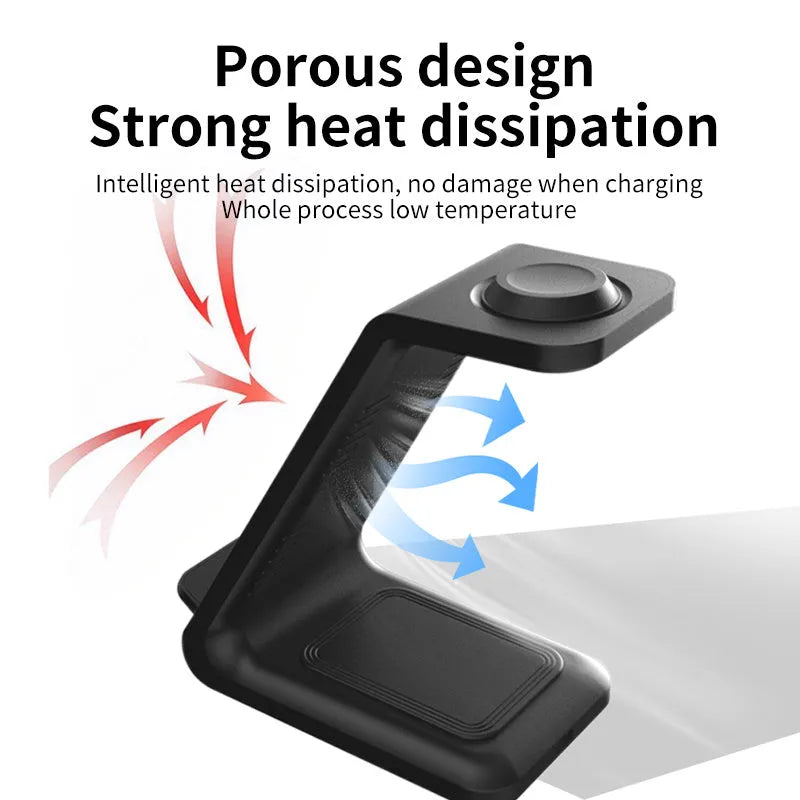 White 3-in-1 upright wireless phone charger and stand on a desk
