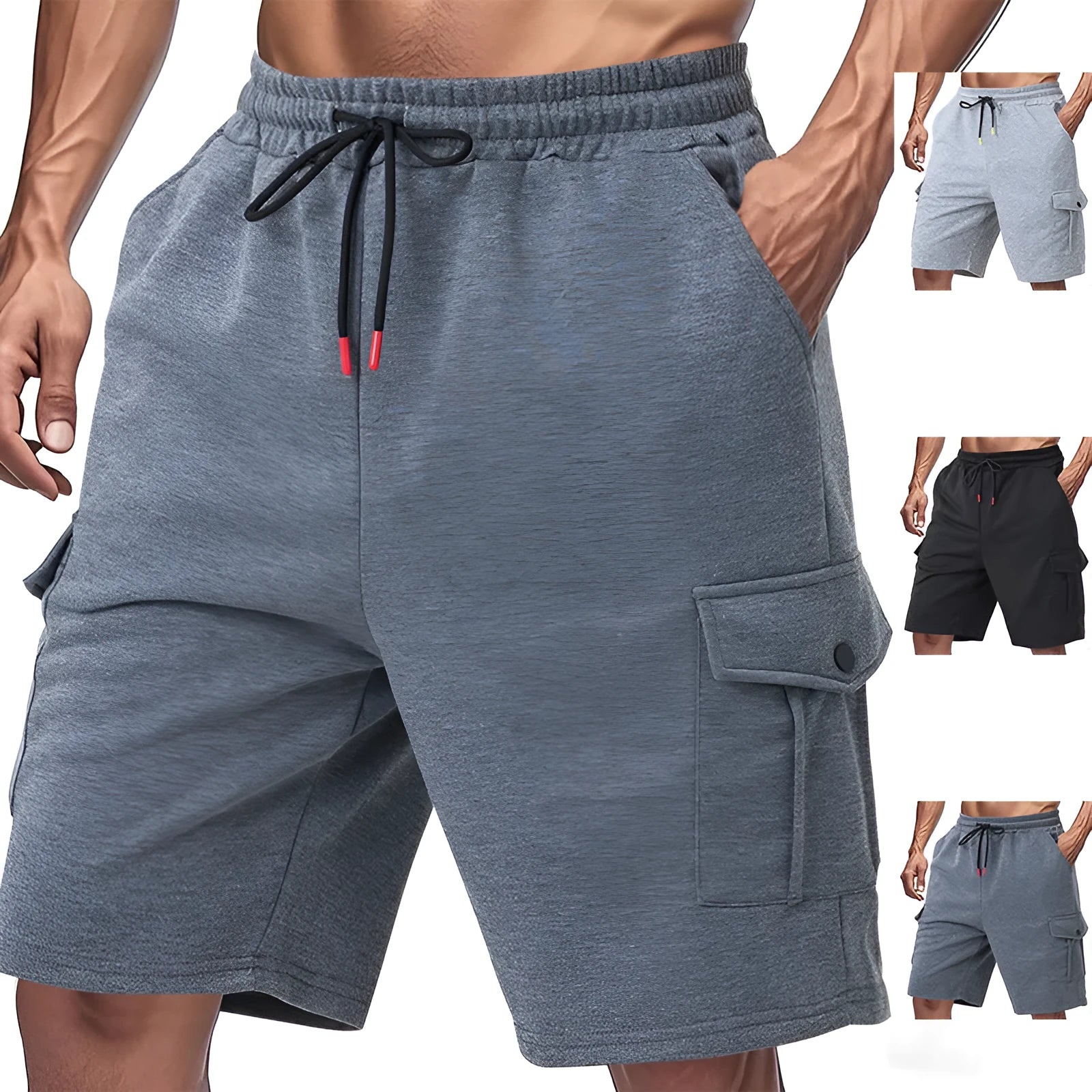 Men's light grey Terry fabric cargo shorts with multiple pockets and loose sports fit