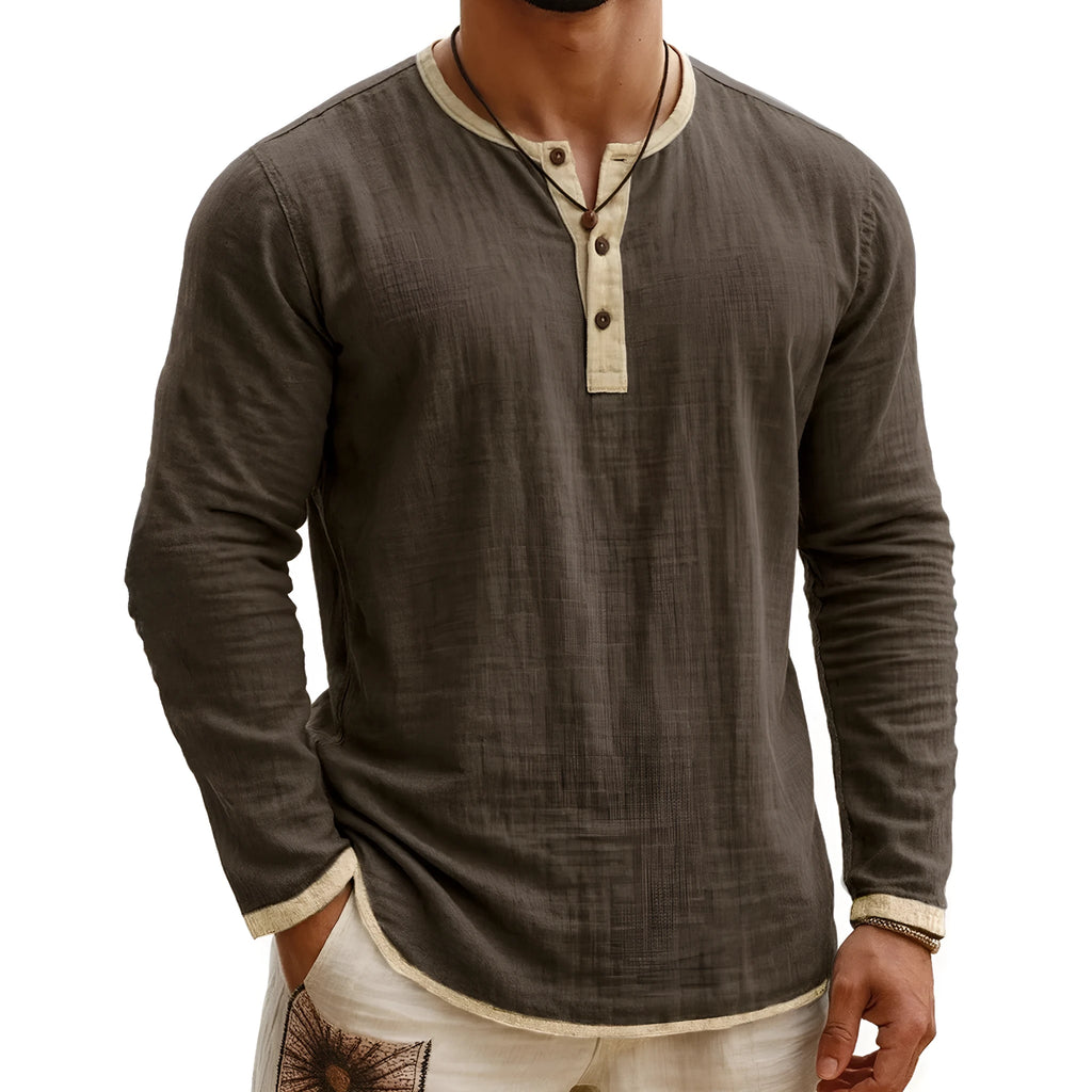 Digital printing two-tone men's Henley shirt with three-button placket and long sleeves in slim fit