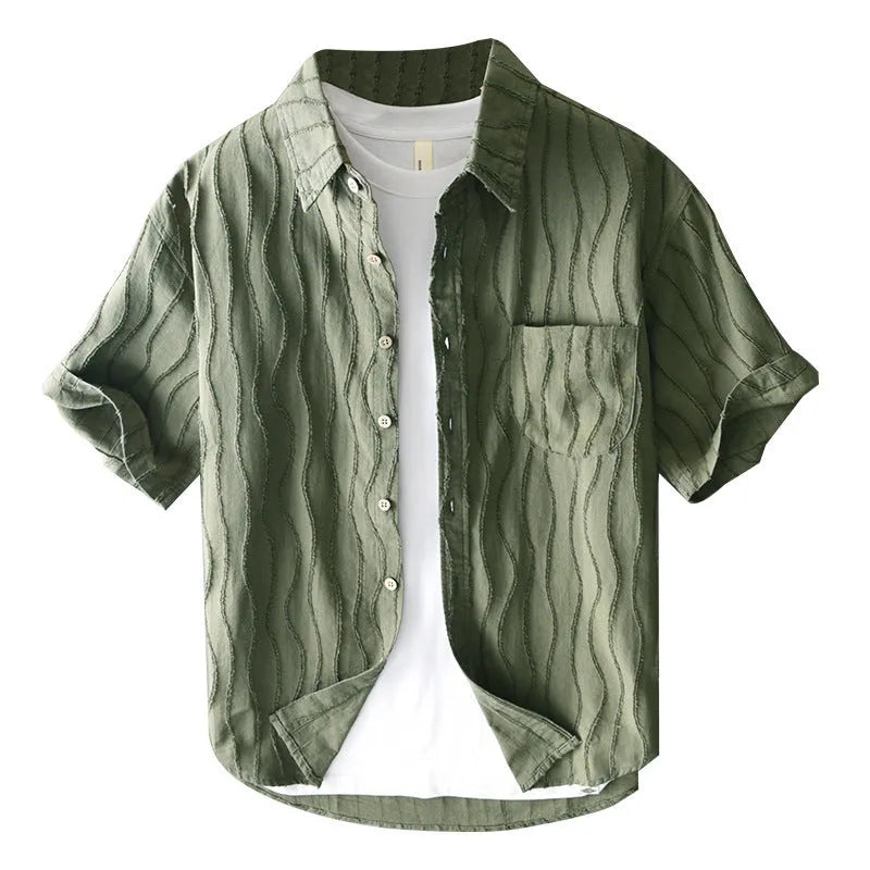 Men's apricot and army green pure cotton short-sleeve casual shirt on a hanger.