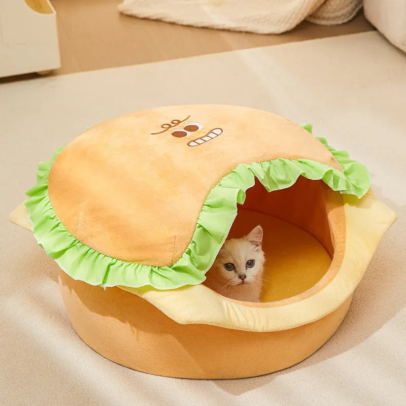 Grey and beige indoor cat kennel with a removable roof, shown with a reversible cushion inside.