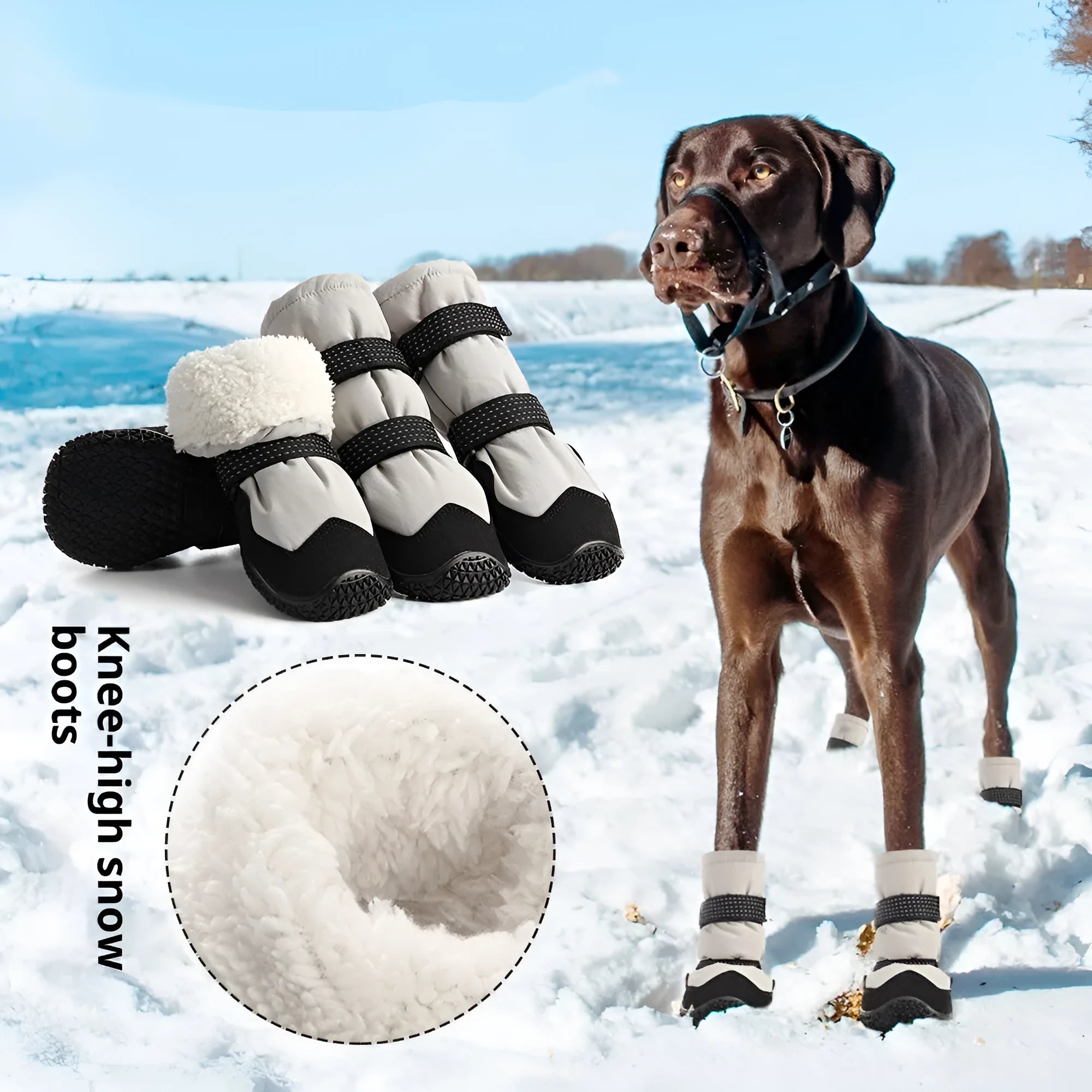 Winter warm dog boots with thickened long velvet lining, black, set of two boots on grey background