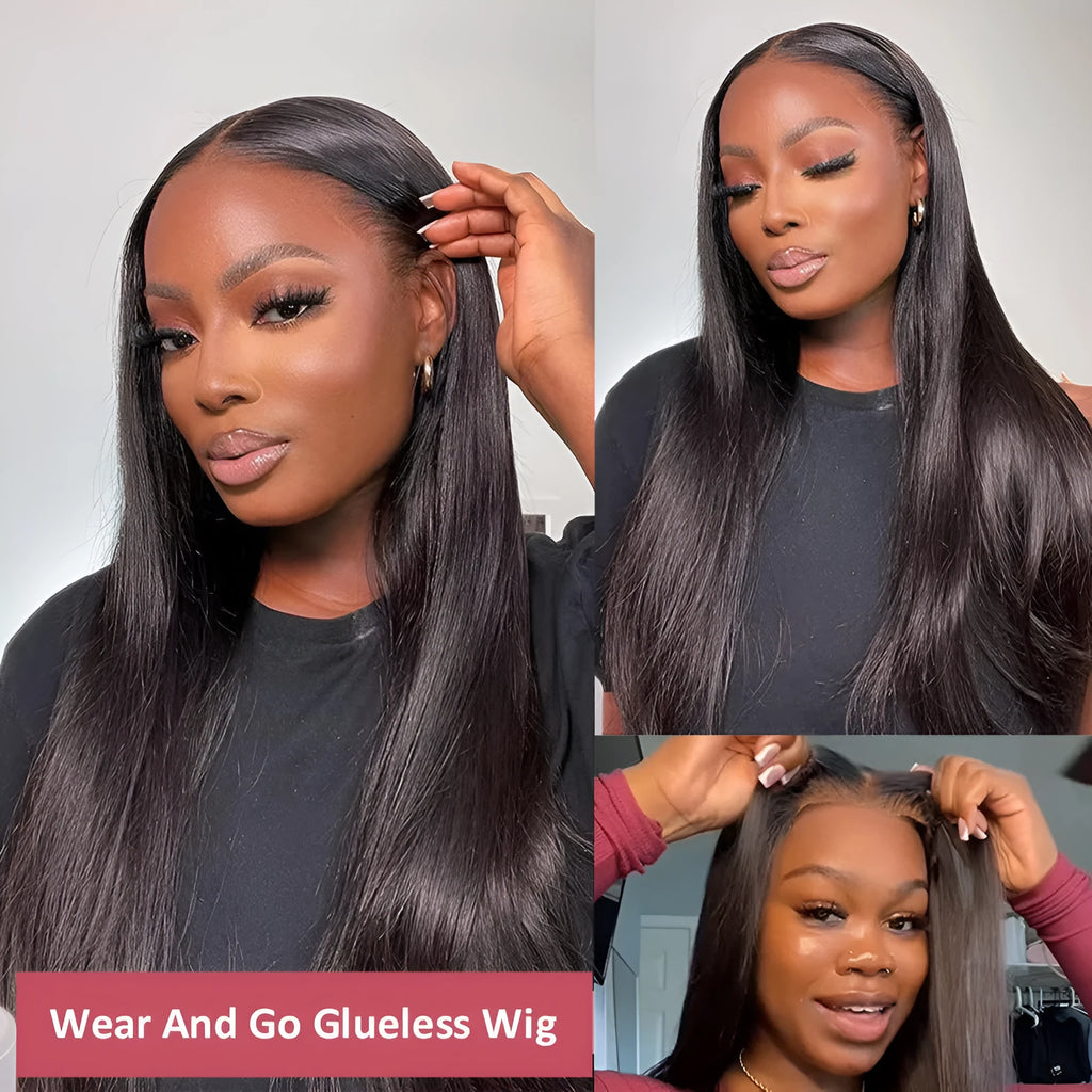 A woman wearing a long straight human hair glueless wig with side bangs.