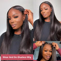 A woman wearing a long straight human hair glueless wig with side bangs.