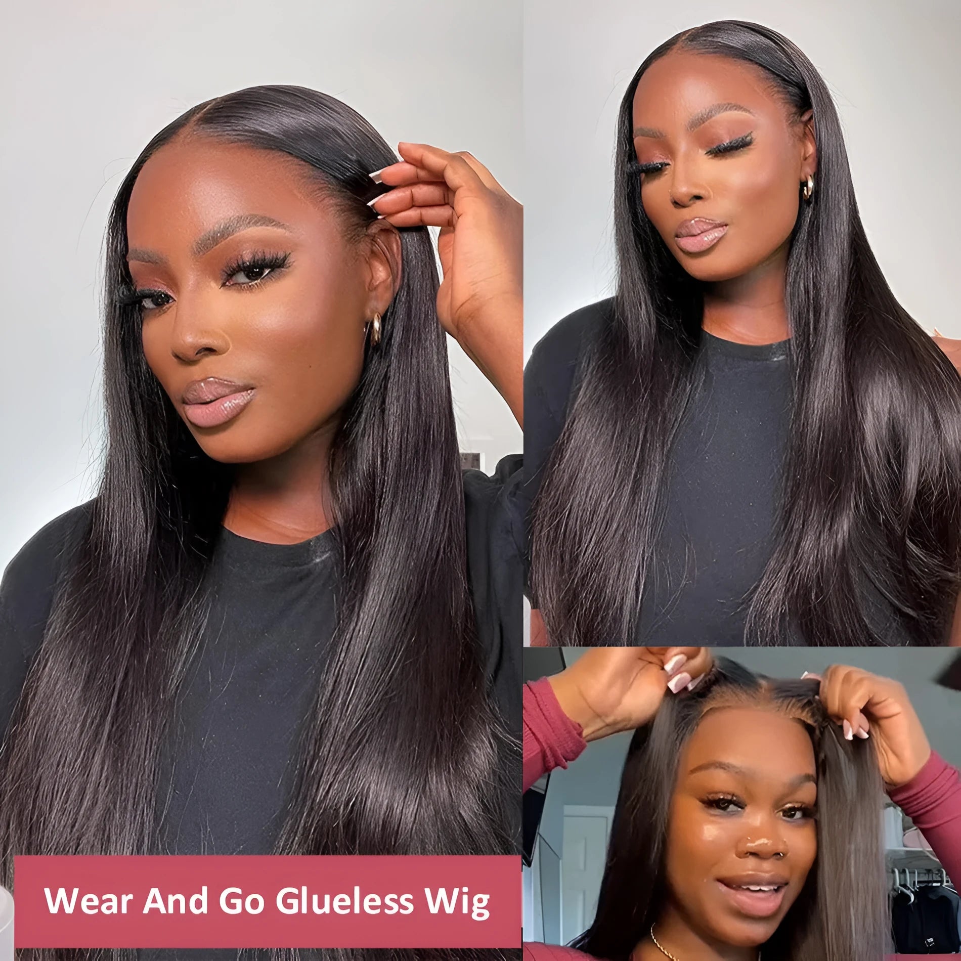 A woman wearing a long straight human hair glueless wig with side bangs.