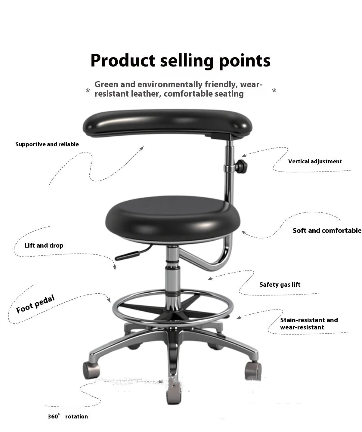 Black leather dental nurse chair with manual hydraulic height adjustment mechanism for clinical use