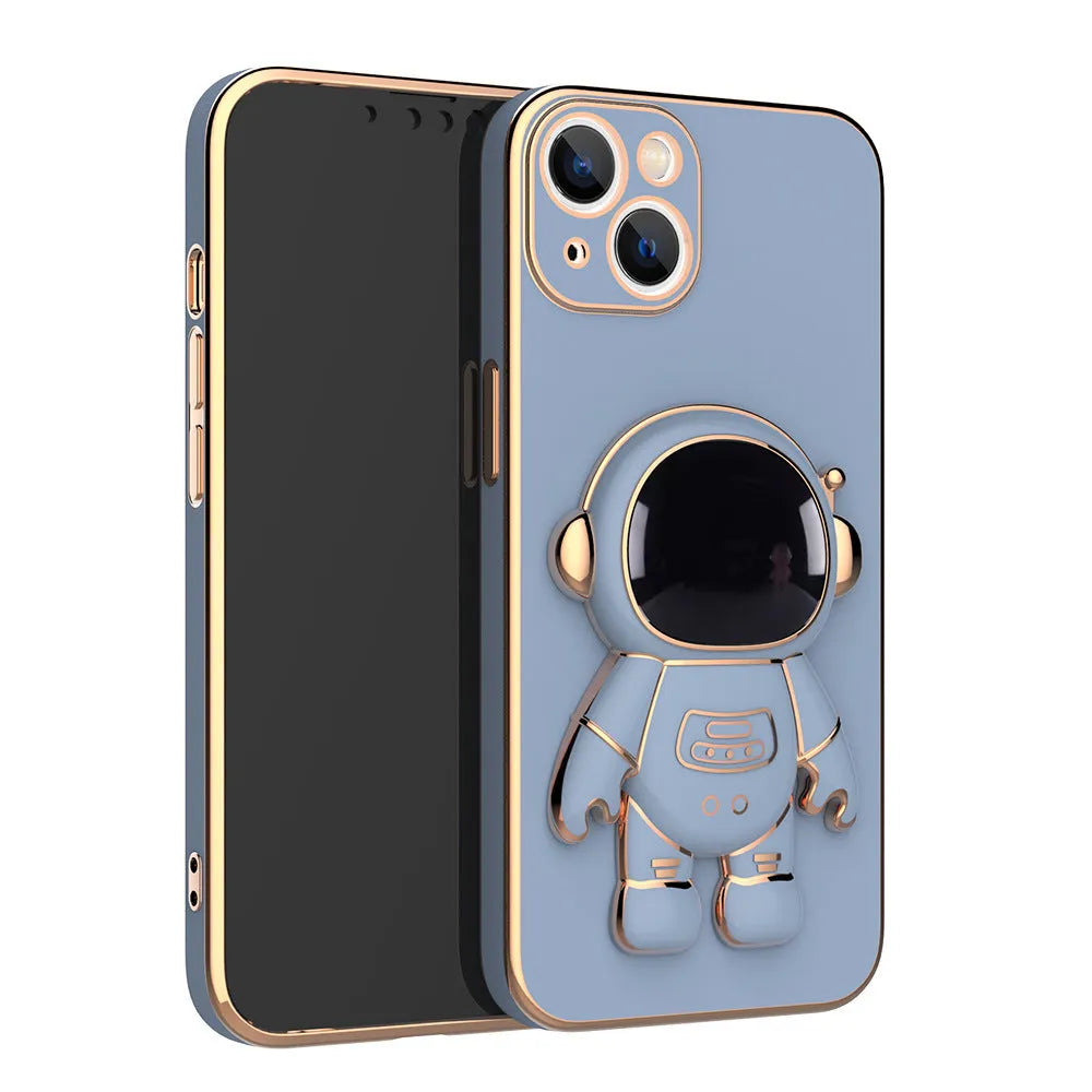 3D astronaut anti-drop TPU phone case with electroplating bracket for iPhone, light cyan colour