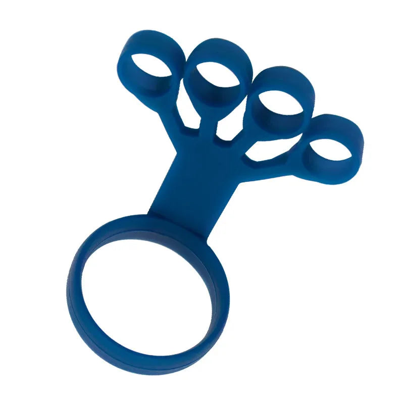 Three silicone finger pullers in grey, blue, and black on a white surface