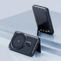 Magnetic wireless power bank with 10000mAh plastic shell in dark blue, purple, and white colours showing compact size