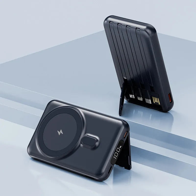 Magnetic wireless power bank with 10000mAh plastic shell in dark blue, purple, and white colours showing compact size