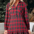 Red plaid mini dress with shirt collar, half-button front, long sleeves, and ruffle hem detailing