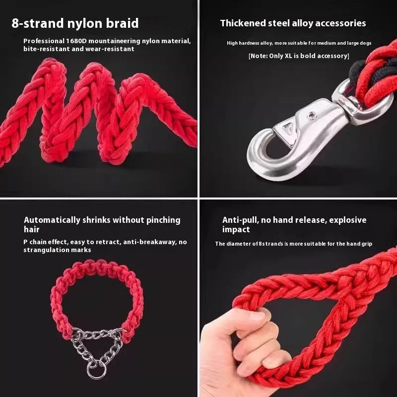 Nylon dog rope collar P chain with traction lead for medium and large dogs, available in black and other colours, 1.2m and 1.5m lengths