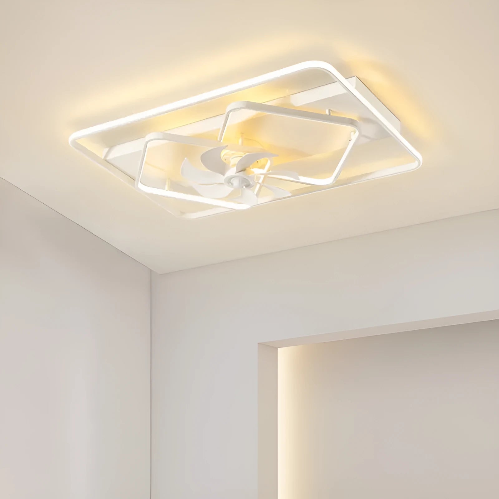 Modern thin suction ceiling fan with light unit showing acrylic lampshade and plastic blades.