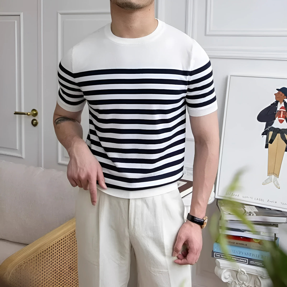 Men's striped short sleeve polyester T-shirt in blue, pullover style for summer casual wear