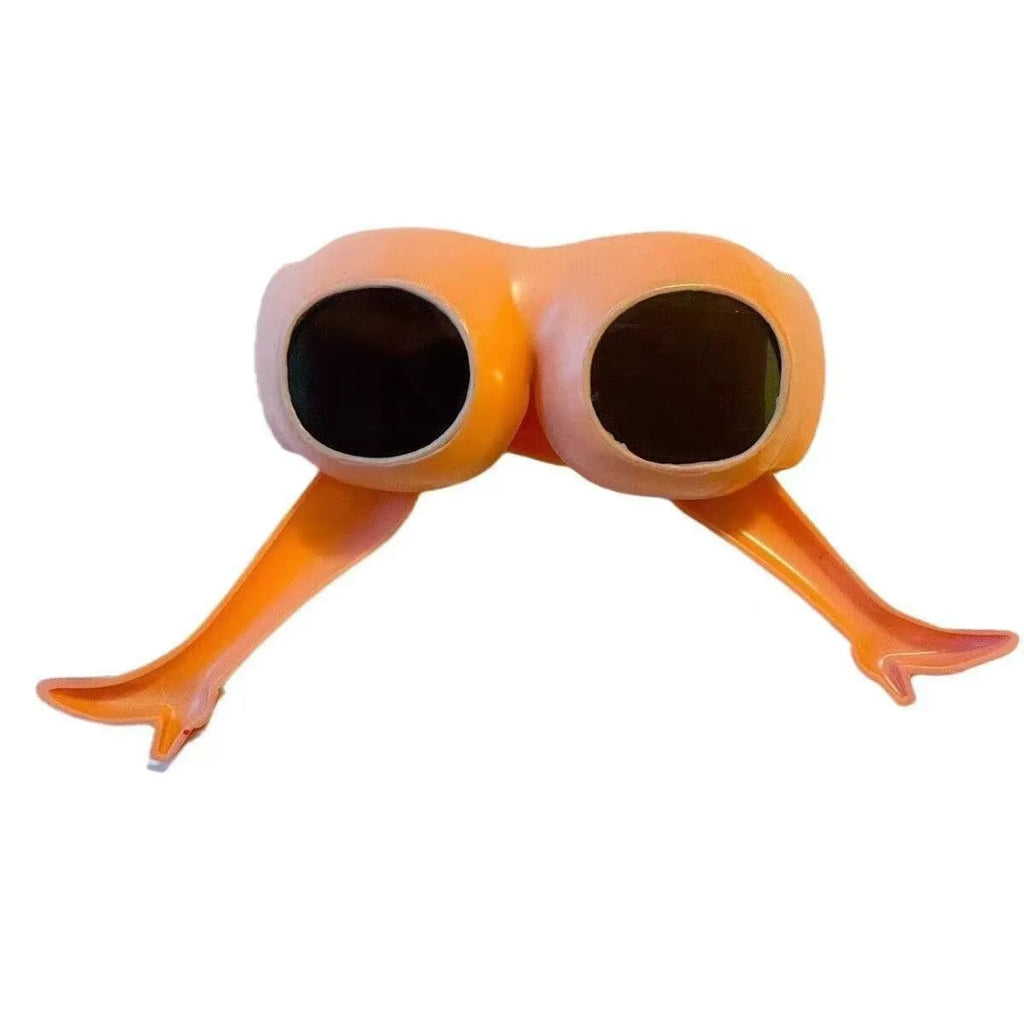 Orange plastic personality sunglasses with a novelty leg hip frame design.