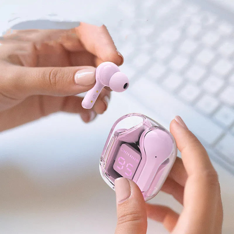 Mini wireless Bluetooth headset with LED digital display, shown in one of five colour options with charging case and earplugs