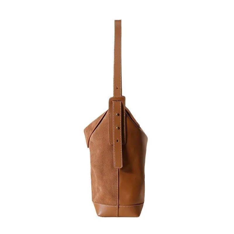 Brown genuine leather women's retro square shoulder bag with clamshell opening
