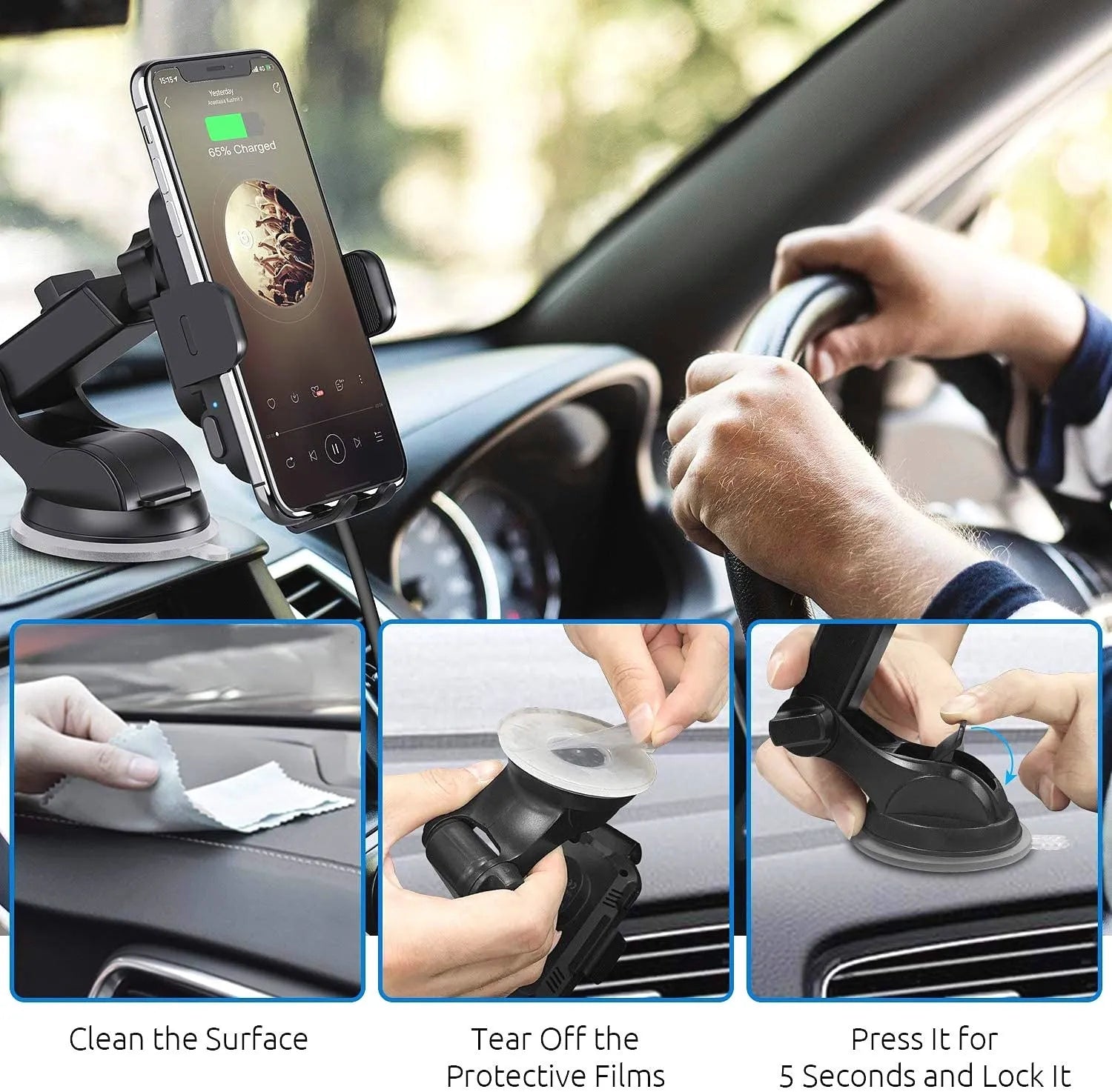 Black 15W wireless charging stand for cars with dashboard, air vent, and bare metal mounting options