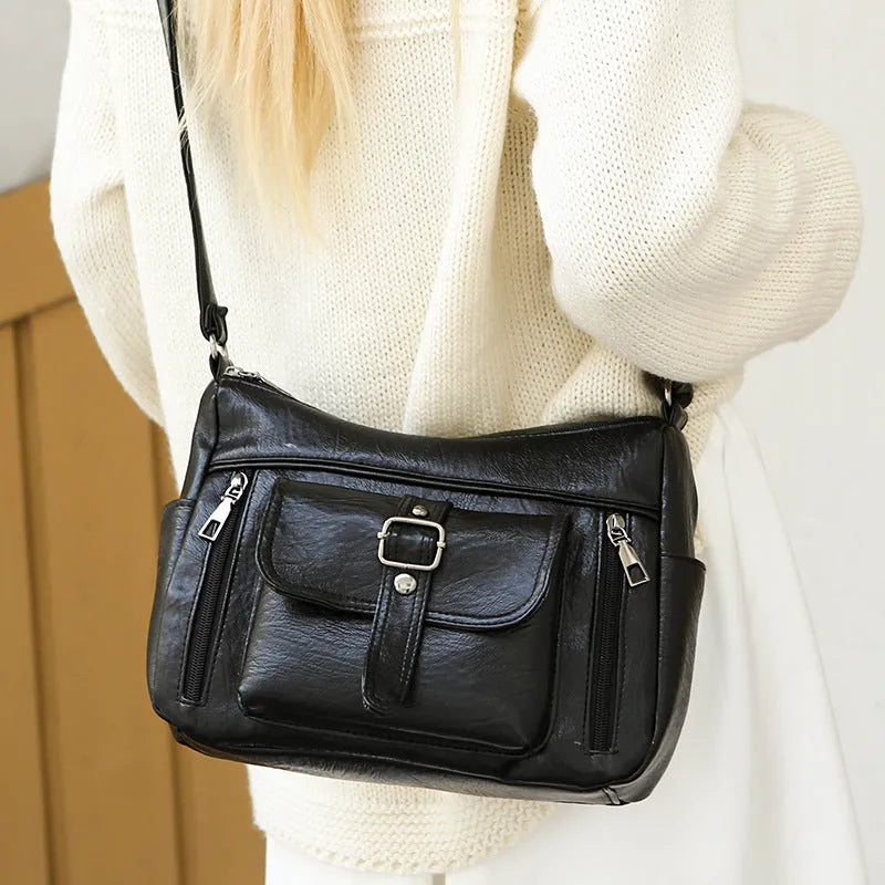 Retro soft PU leather shoulder messenger bag, 27x20x10cm, in black, brown, blue or purple, with sandwich pocket.
