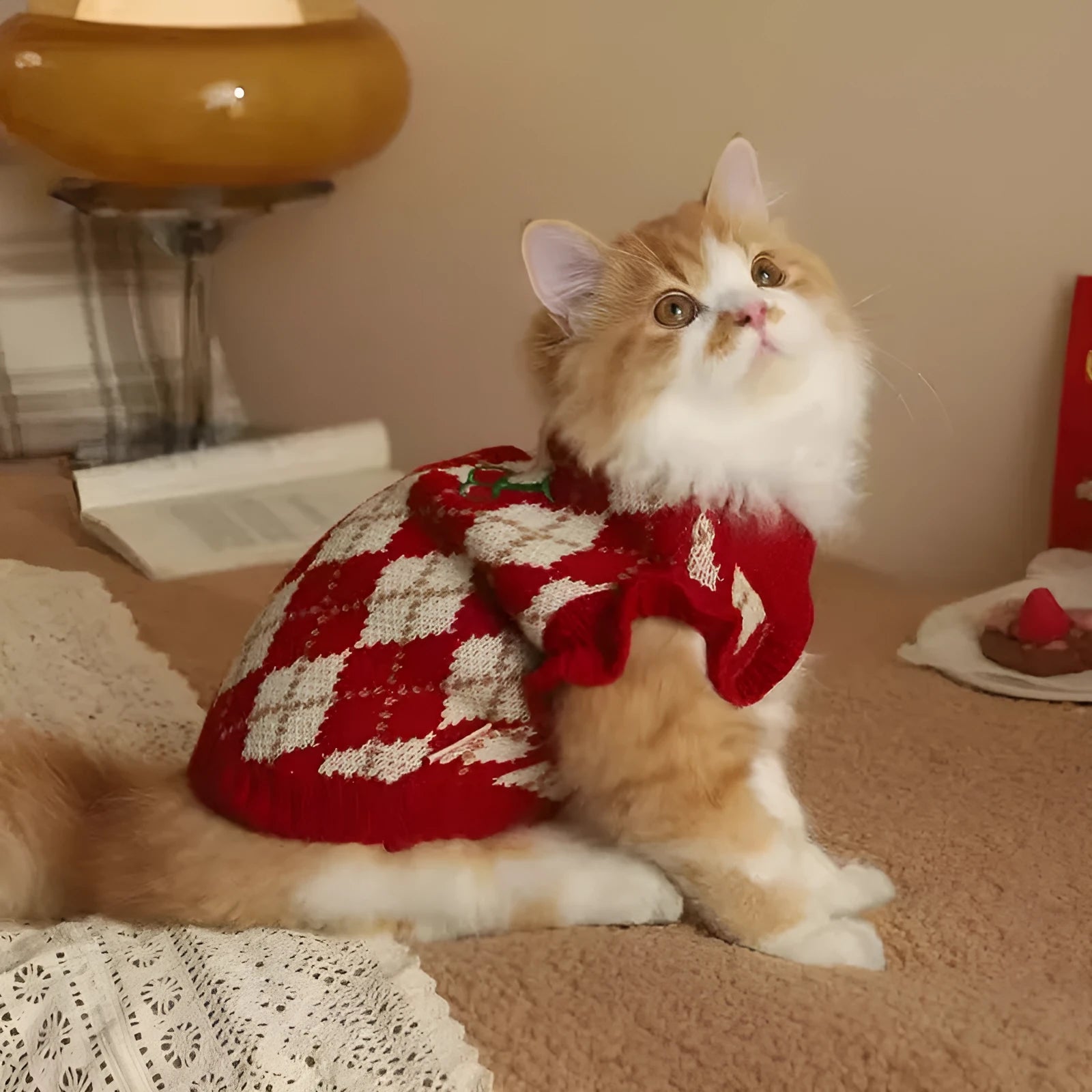 Red cat sweater with rhombus and cherry embroidery, shown in size L on a mannequin.