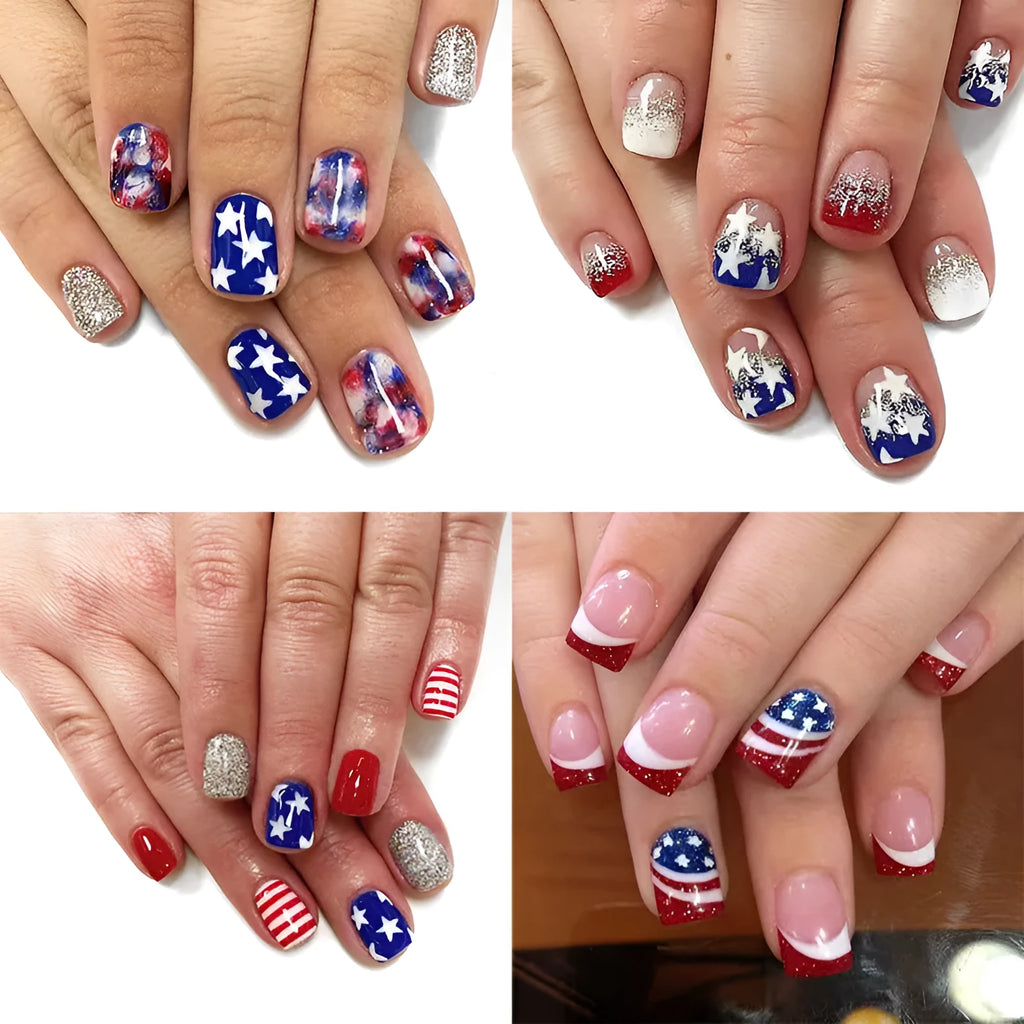 Independence Day nail art stickers with red, white, and blue five-pointed star designs on short square nails.