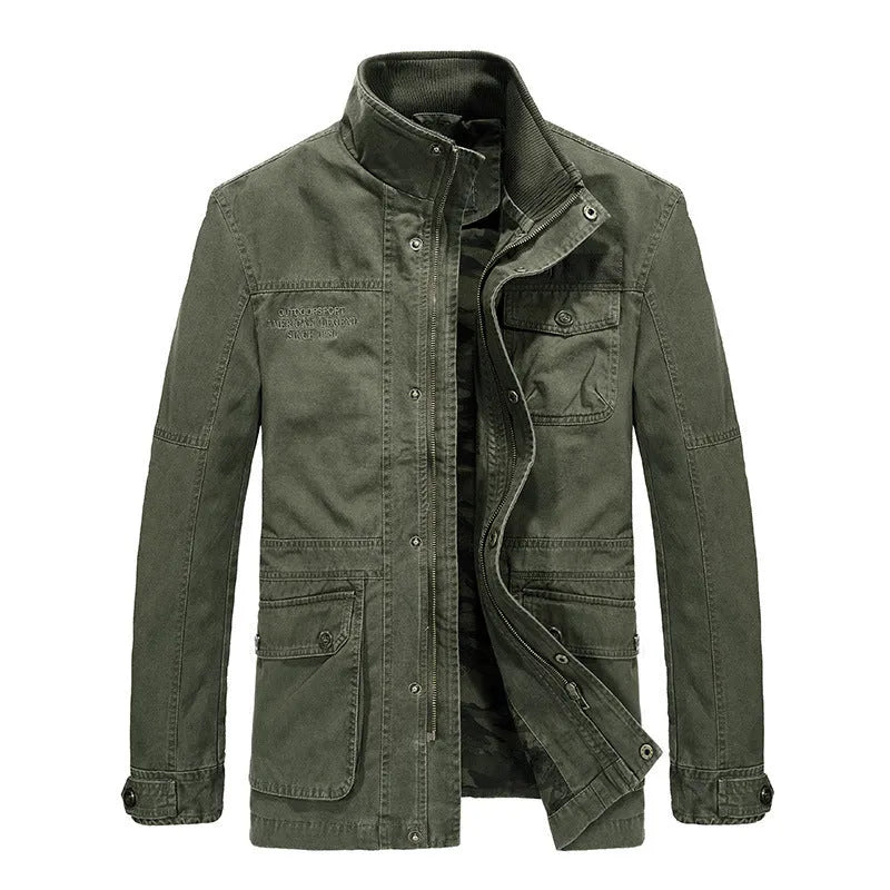 Men's mid-length loose cotton washed jacket in khaki, long-sleeved solid colour casual coat