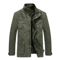 Men's mid-length loose cotton washed jacket in khaki, long-sleeved solid colour casual coat