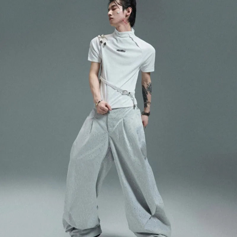 Men's cotton T-shirt with metal belt design and small stand-up collar slim fit short sleeve