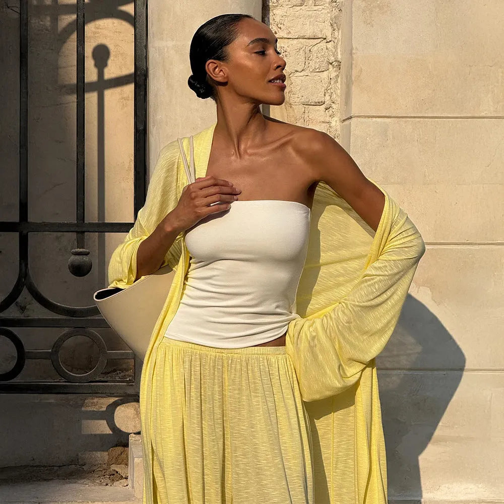 Women's shawl harem pants pyjama set in viscose blend, long sleeve top and pants, available in yellow, white, black