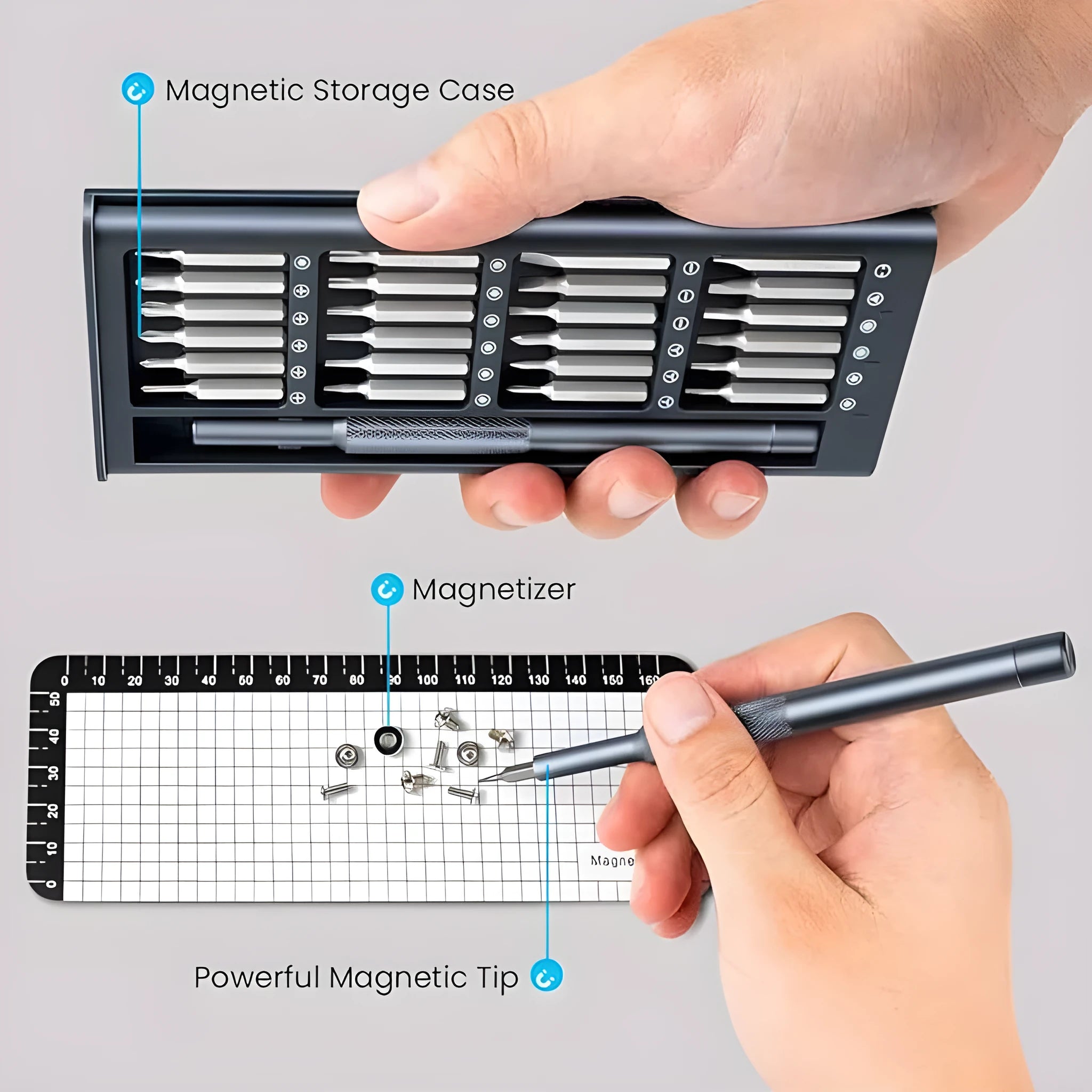 25-in-one magnetic precision screwdriver set with chrome vanadium steel bits and black ABS handle.