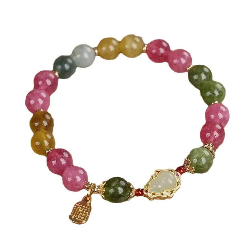 Women's bracelet with colourful tourmaline gourd blessing card charm and electroplating finish