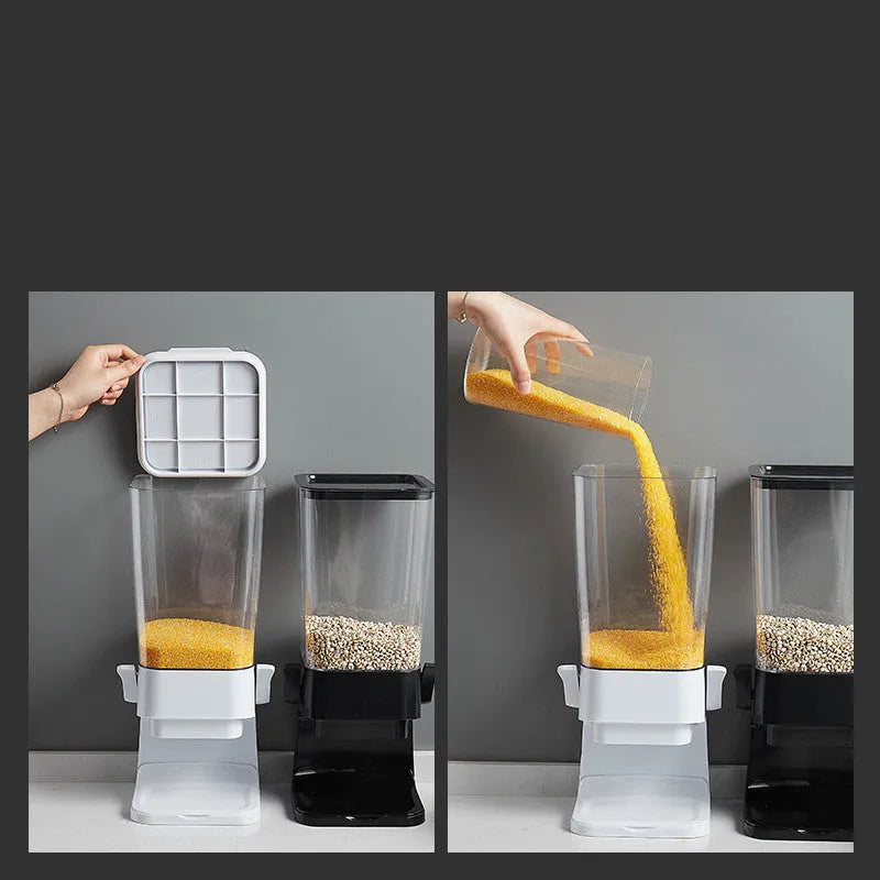 Countertop cereal dispenser in black with 5.5 quart capacity, chute opening, and removable tray