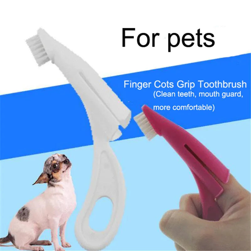 Red and white finger-sleeve toothbrush for dogs and cats with soft silicone bristles.