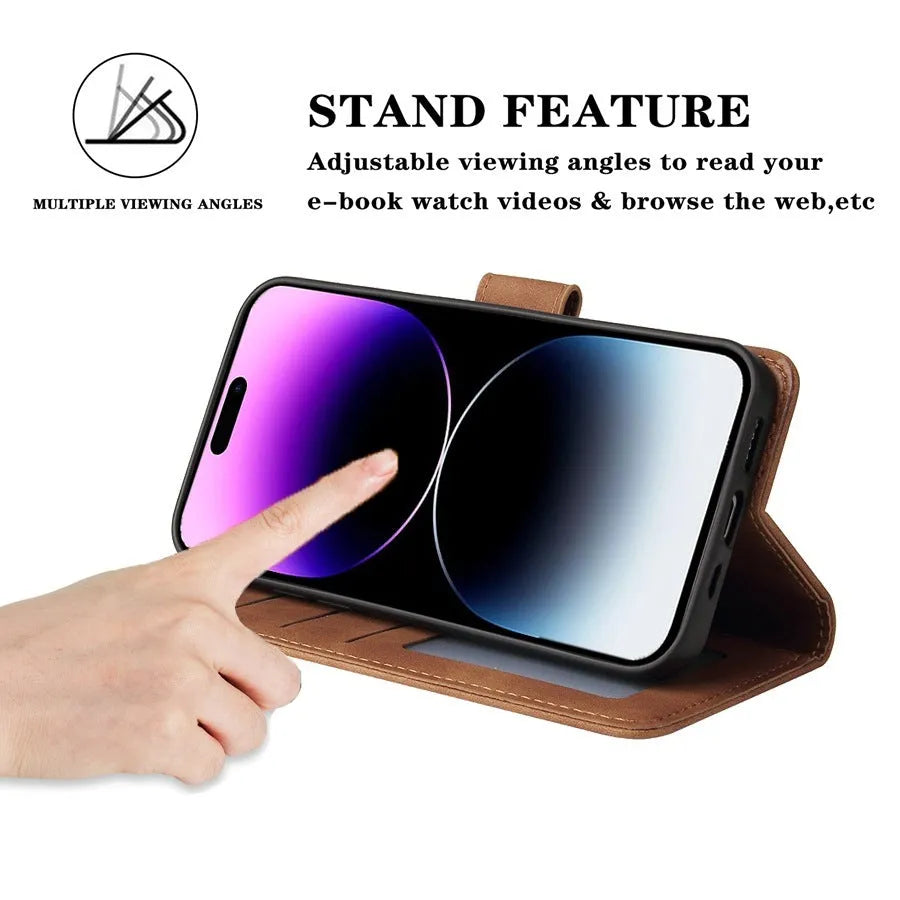 Flip wallet iPhone case with card holder, stand function, leather-style finish and TPU inner shell