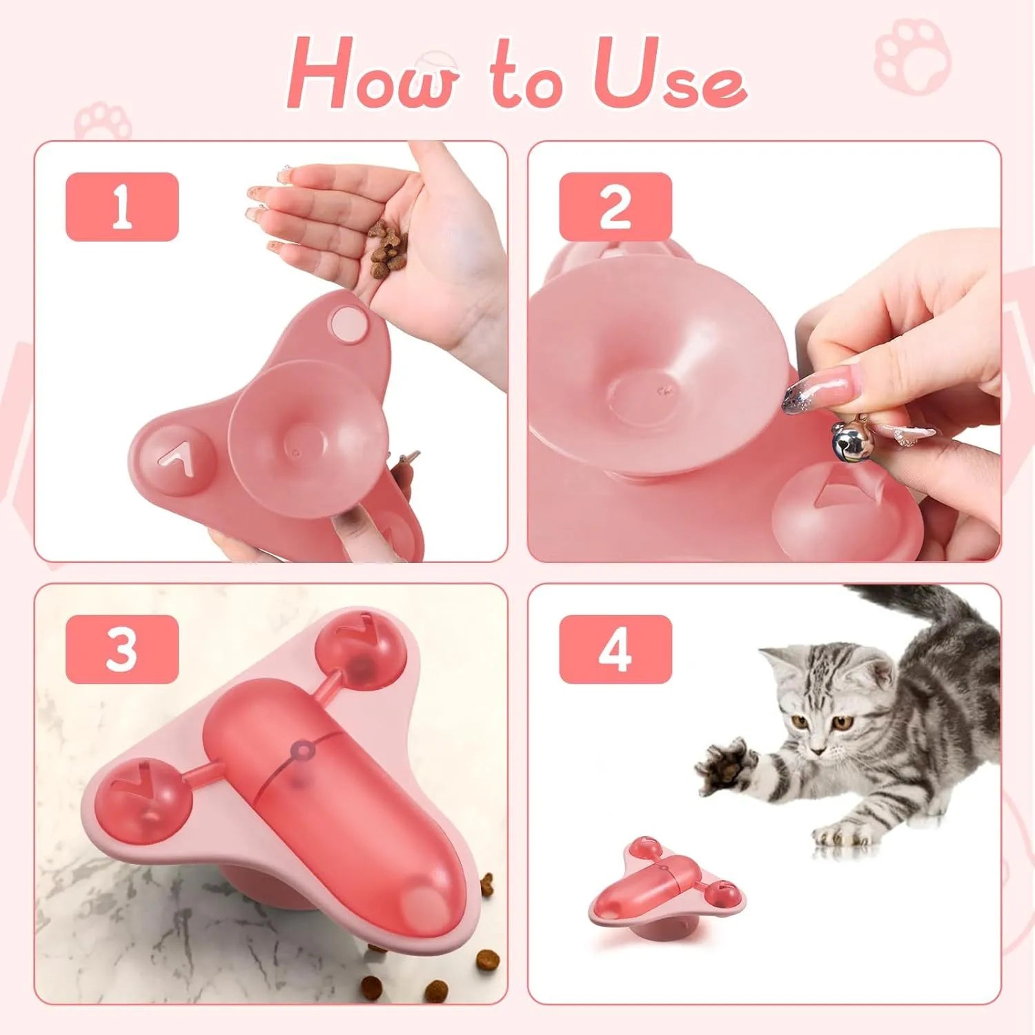 Interactive pet puzzle feeder toy with bell, catnip, and snack cabin in blue, green, or pink colours