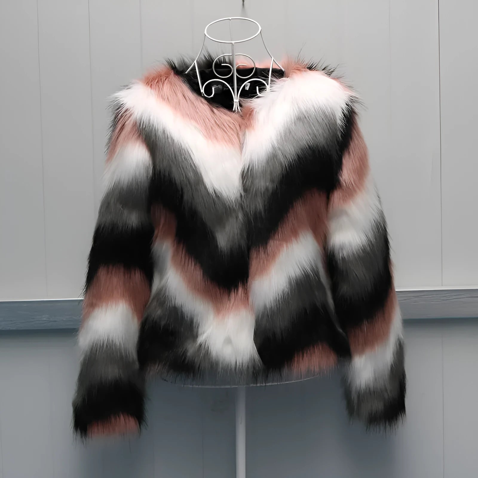 Korean style women's faux fur leather short coat with O-neck and long sleeves