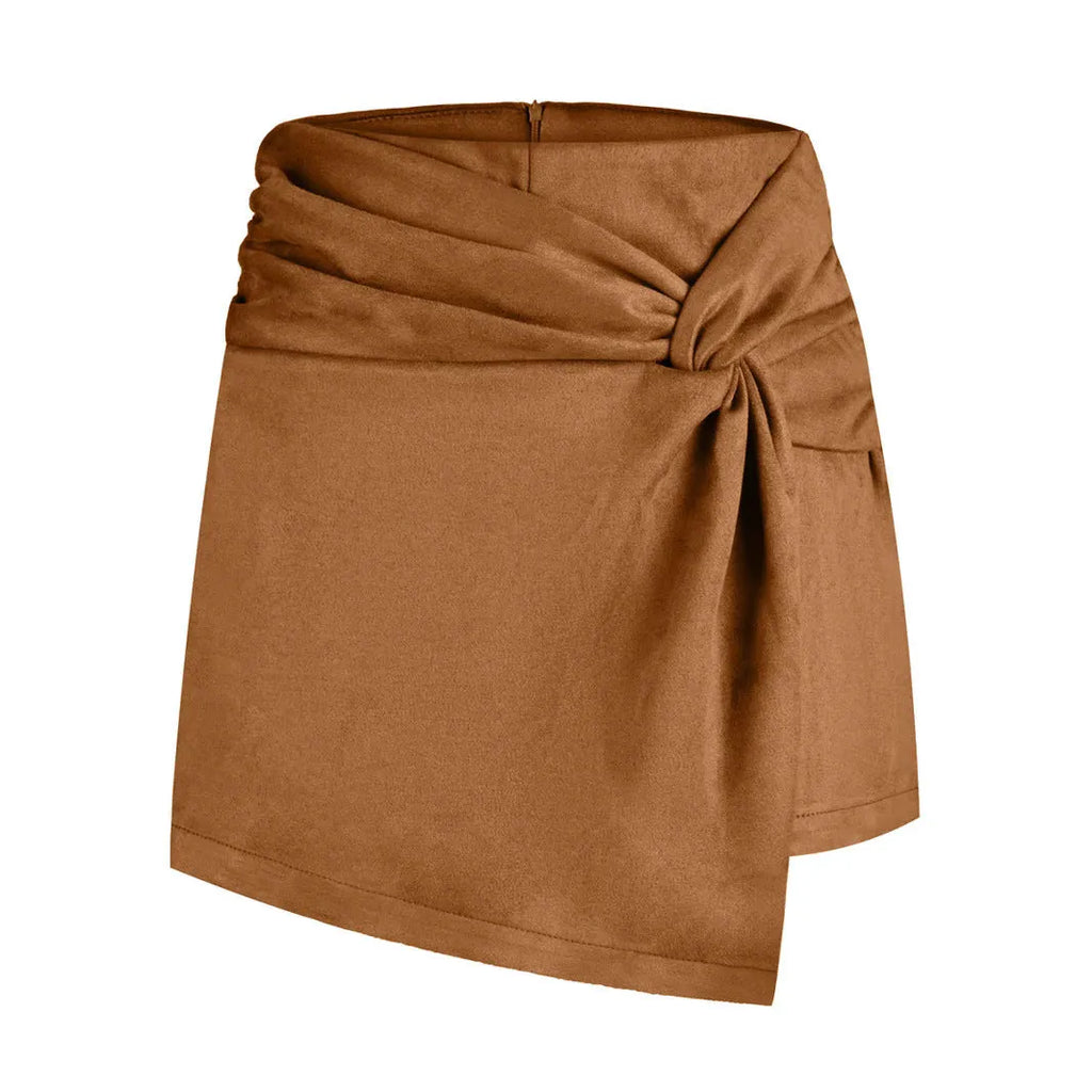 Women's heap pleated irregular half-length short pantskirt in polyester, black colour, front view on model