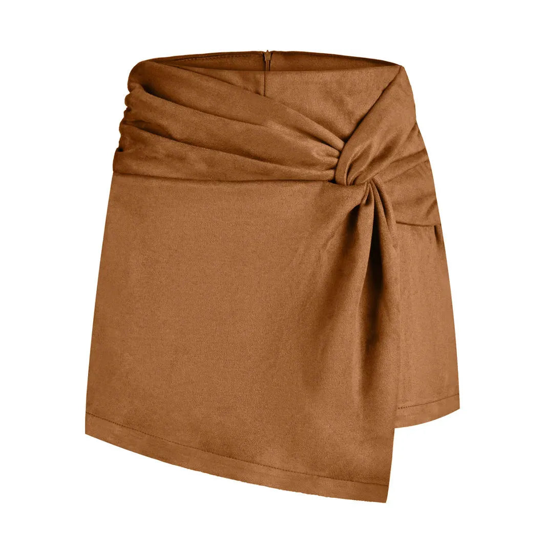 Women's heap pleated irregular half-length short pantskirt in polyester, black colour, front view on model