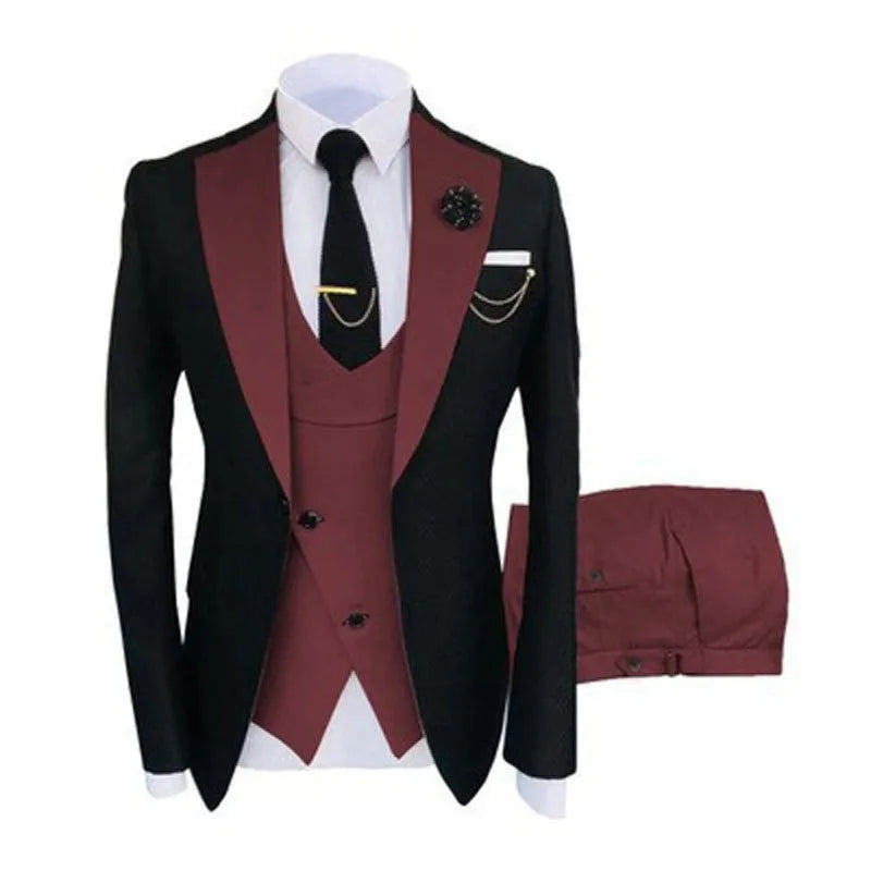 Men's slim fit cotton three-piece suit in charcoal grey with coat, waistcoat, and trousers