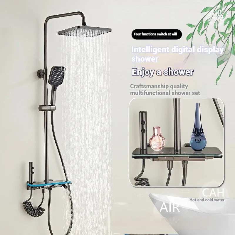 Aluminium digital display shower set for concealed wall installation in white or grey.
