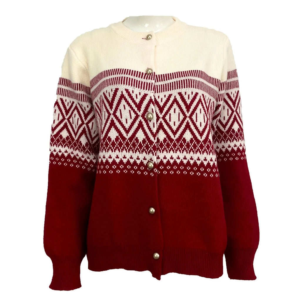 Grey women's alpaca wool cardigan with diamond knit pattern and contrast colour long sleeves.